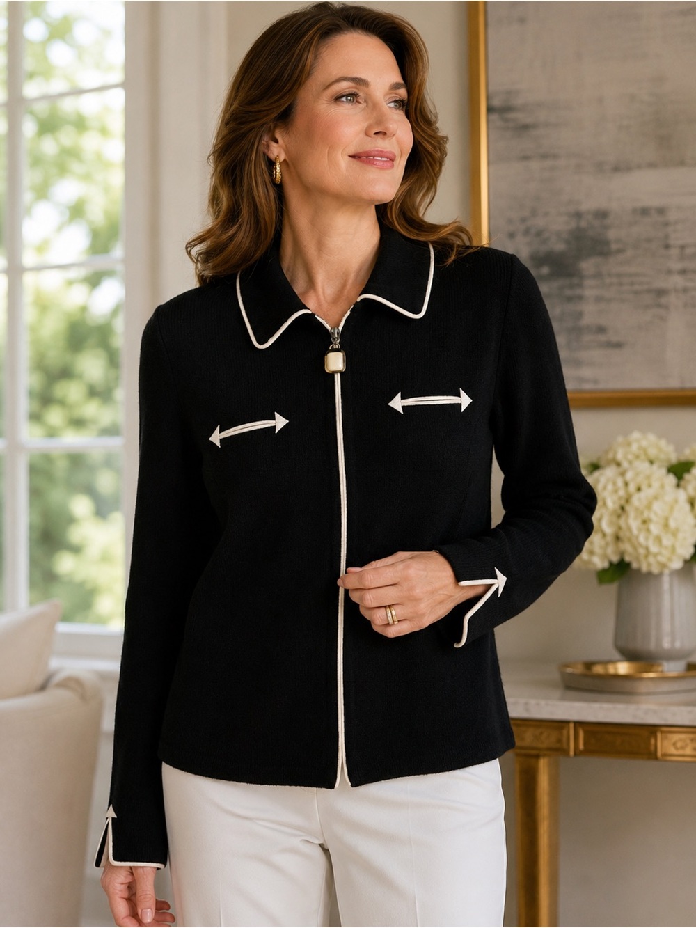 St. John Collection Black Ivory Arrow Trim Zip Knit Jacket Size 12